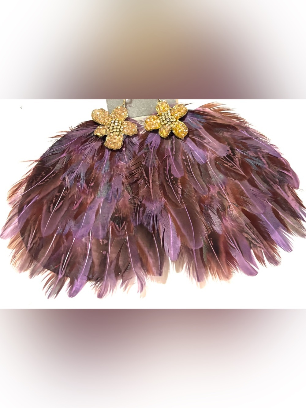 Gold Flower Purple Feather Drop Earrings
